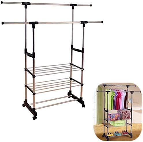 Tom Care Heavy Duty 3 Tiers Stainless Steel Clothing Shoe Garment Rack with Shelves and Wheels, Heavy Duty Metal Clothes Rolling Shoe Rack, Dual Bars Horizontal & Vertical Telescope Style