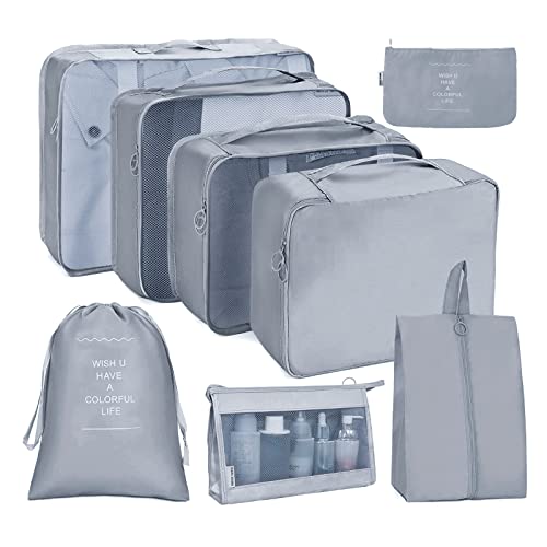 Image of OSDUE 8 Set Packing Cubes for Suitcases, Light Packing Cubes for Travel, Various Sizes Organizer Bags Set for Travel Accessories Travel Essentials,Travel Cubes for Carry on Suitcases (Grey)