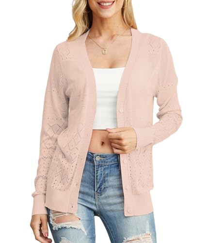 GRECERELLE Gilet Tricoté Cardigan pour Femmes Elégant Cardigan Léger et Fin d'été avec Boutons Plage Cover Up (Rose Clair, L)