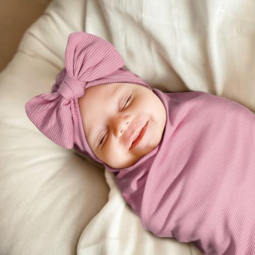 Image of DRESHOW BQUBO Baby Girl Newborn Receiving Blankets with Bow Hat Headband Wooden Birth Announcement Card Set Newborn Baby Swaddle Wrap Set Warm Shower Gift