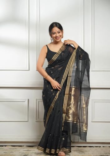 Image of Flosive inchWomen's Premium Pure Cotton Silk Saree with Golden Zari Border and Butti Work | Traditional Handloom Style Saree for Festive & Office Wear