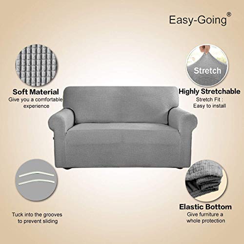 Image of Easy-Going Stretch Loveseat Slipcover 1-Piece Sofa Cover Furniture Protector Couch Soft with Elastic Bottom for Kids Polyester Spandex Jacquard Fabric Small Checks (Loveseat, Light Gray)