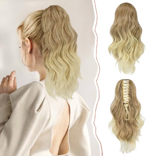 Sofeiyan 14'' Ponytail Extension Curly Clip in Claw Hair Extensions Natural Wavy Looking Synthetic Hairpiece for Women Dark Blonde to Bleach Blonde