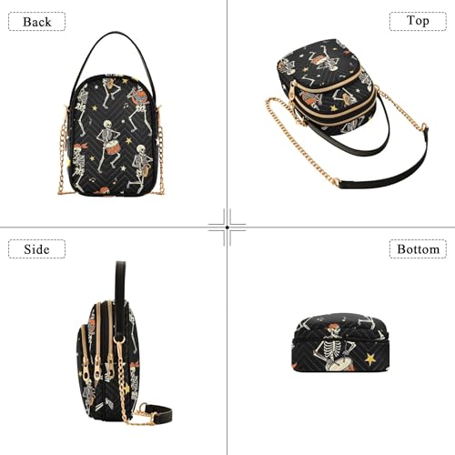 One Shoulder Handbags Cute Skeletons Musical Black Quilted Phone Handbag Small Chain Purse Cute Zipper Lady Crossbody Bag, 5.9" × 8.3" × 3.1"4