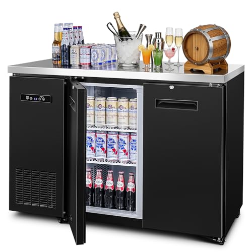 BODEGA BODEGACOOLER Commercial Back Bar Cooler with 2 Solid Doors,12 Cu.Ft Commercial Counter Height Bar Refrigerator,Display Drink Beverage Beer Fridge LED Light,SUS304 Top,4 Casters,Black