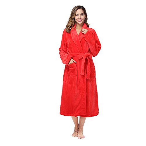 RONGTAI Fleece Robe for Women Plush Soft Warm Long Bathrobe with Pockets （Small，Red）