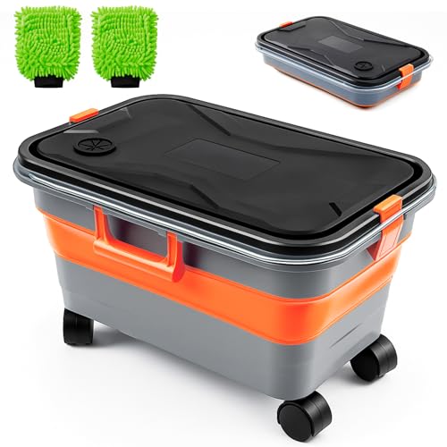 Maxdot Car Wash Bucket with Wheels Lid and Handle, 5.5 Gallon Collapsible Rolling Wash Bucket with 2 Microfiber Mitts for Car Cleaning, Camping, Rv & Pet Bathing