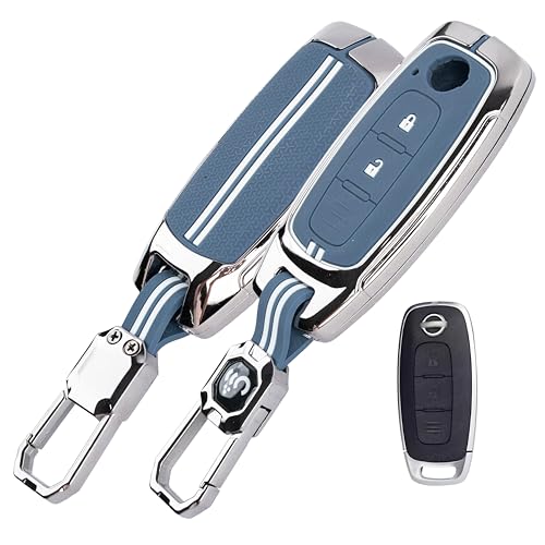 Image of SHOPOFLUX Metal Key Cover Compatible with Nissan Magnite 2 Button Smart Key (Metal Silicone Blue)