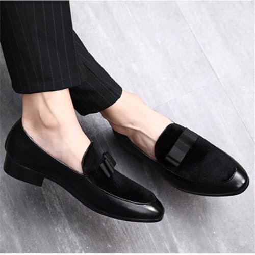 Mens Suede Leather Bowtie Slip On Dress Loafers Retro Two Tone Tuxedo Penny Shoes for Formal Business Dress Wedding4
