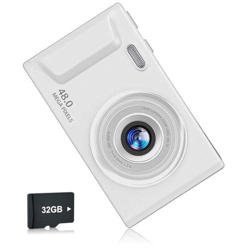 Digitalkamera, FHD-Kamera mit 32-GB-Karte, Umhängeband, 16-facher Zoom, Anti-Shake, 48 MP, kompakte, tragbare kleine Punkt-Kamera, Geschenk für Studenten, Kinder, Jugendliche (Weiß - 4K)