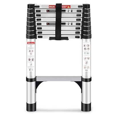 Wolec Telescoping Ladder, 8.5FT Aluminum Lightweight Portable Telescopic Ladder, Stabilizers & Wheels, Heavy Duty 330lbs Max Capacity,Extension Ladder for Roofs, RVs, Outdoor-Sliver