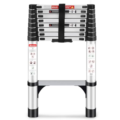 Wolec Telescoping Ladder, 8.5FT Aluminum Lightweight Portable Telescopic Ladder, Stabilizers & Wheels, Heavy Duty 330lbs Max Capacity,Extension Ladder for Roofs, RVs, Outdoor-Sliver