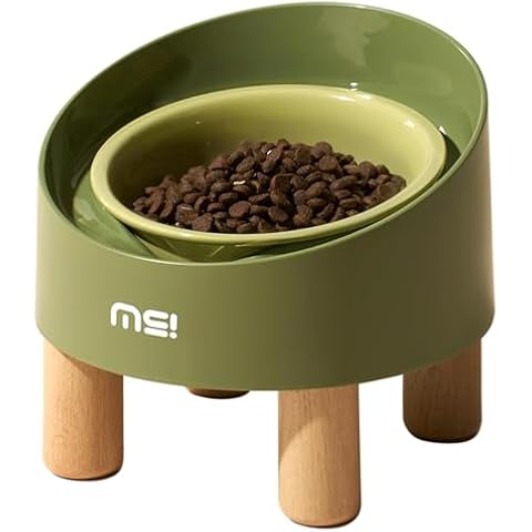 MS!MAKE SURE Cat Food Bowls, Ceramic Elevated Cat Small Size Dog Bowls Dishes, 8°Tilted Non-Slip No Spill Anti Vomiting for Indoor Cats Small Dog Green Cover