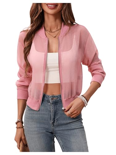 Floerns Women's Mesh Sheer Zip Up Bomber Jacket Baseball Collar Long Sleeve Outwear