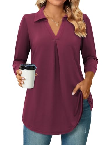 Bulotus 3/4 Length Sleeve Womens Tops Dressy Casual V Neck