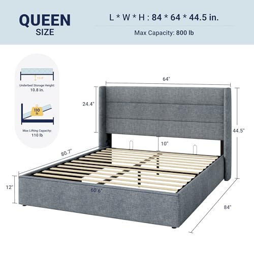 Image of Allewie Queen Size Lift Up Storage Bed, Modern Wingback Headboard, Hydraulic Support, No Box Spring Needed, Grey Blue