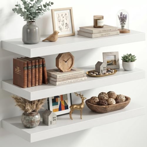 Image of Fun Memories 32 Inch Floating Shelves for Wall, 12 inch Deep Large Wall Mounted Wood Shelves with Invisible Bracket, Rustic White Floating Shelf for Bathroom Over Toilet Kitchen Living Room, Set of 3
