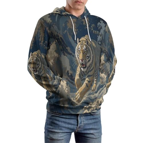 Pull Imprimé 3D Art Japonais avec Motif Vagues et Tigre Vibrant