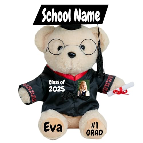 Personalized Class of 2026 Graduation Bear with Eyeglass, Graduation Gift for Girls Boys Kindergarten, College, Customized Stuffed Animal with Photo Text School Logo