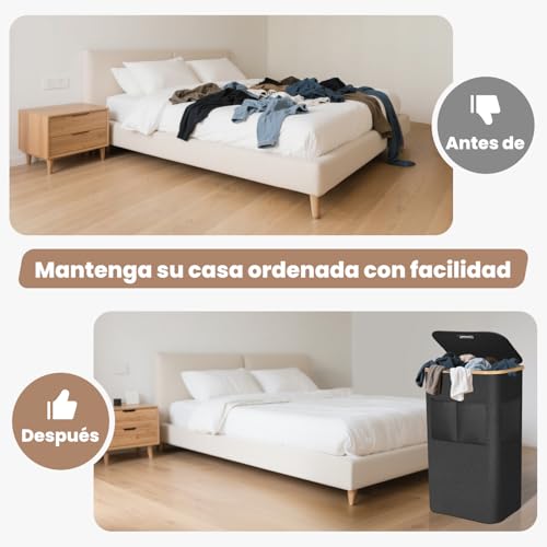 Miniatura 8 de Ousfot Cesto Ropa Sucia Con Tapa 105l, Cubo Ropa Sucia Con Asa De Bambú, Laundry Basket De Tejido Oxford 600d Impermeable Con Bolsa Extraíble Y Bolsillo Frontal, Para Lavadero Dormitorio, Negro