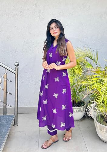 Image of MOKOSH Women's Cotton Embroidered & Hand Work Kurta Pant Set | Co-ords Set | Embroidery & Hand Work | Indian Kurta Outfit With Pant |2 Piece Outfit | V Neck Sleeveless