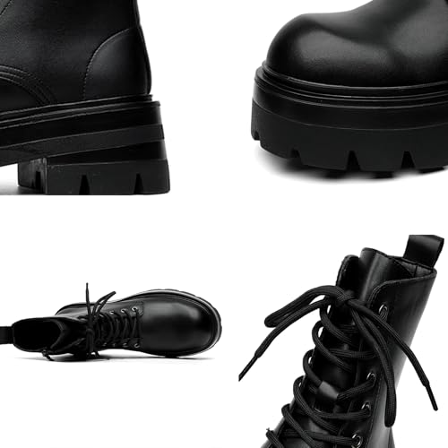 Men's Black Leather Lace-up Platform Combat Boots Retro Round Toe Side Zipper Chunky Heel Lug Sole Comfort Non-Slip High Top Biker Ankle Boot2
