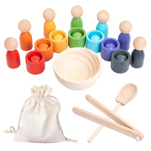 MFUSUL Montessori Holz Sortier Set,7 Regenbogen Bälle 30mm + 7