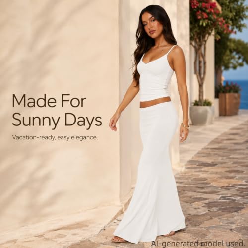 Image of Two Piece Skirt Set for Women - Sexy Sleeveless Spaghetti Strap Pleated Tank Top Maxi Long Skirts Sets