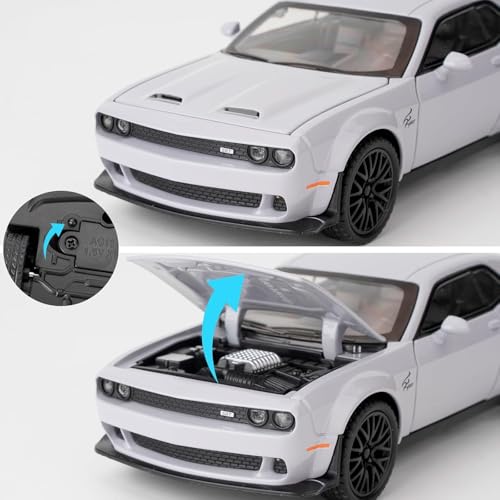 Image of Invite 1:32 Scale Dodge Challenger Hellcat Die-Cast Metal Toy Car with Lights & Sound, Pull Back Action, Openable Doors, Hood & Trunk | Alloy Sports Car Model for Kids & Collectors (Grey)