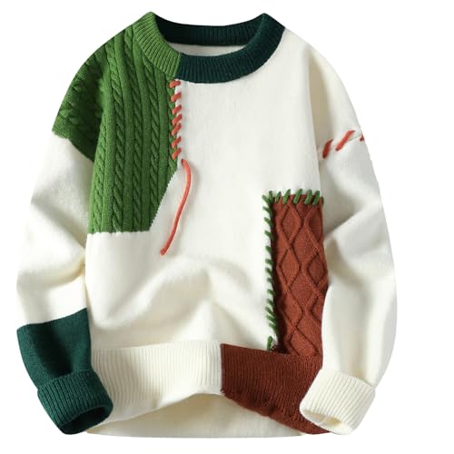 GURUNVANI Mens Color Block Patchwork Sweater Oversized Cable Knit Pullover