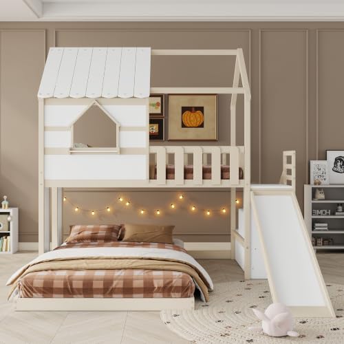 Image of Bellemave Bunk beds Twin Over Full with Slide,Storage Staircase,House roof Design,Low bunk /loft Bed for Kids,Beige