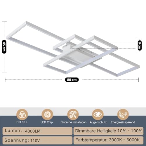 Plafonnier LED salon dimmable avec télécommande design blanc 80cm