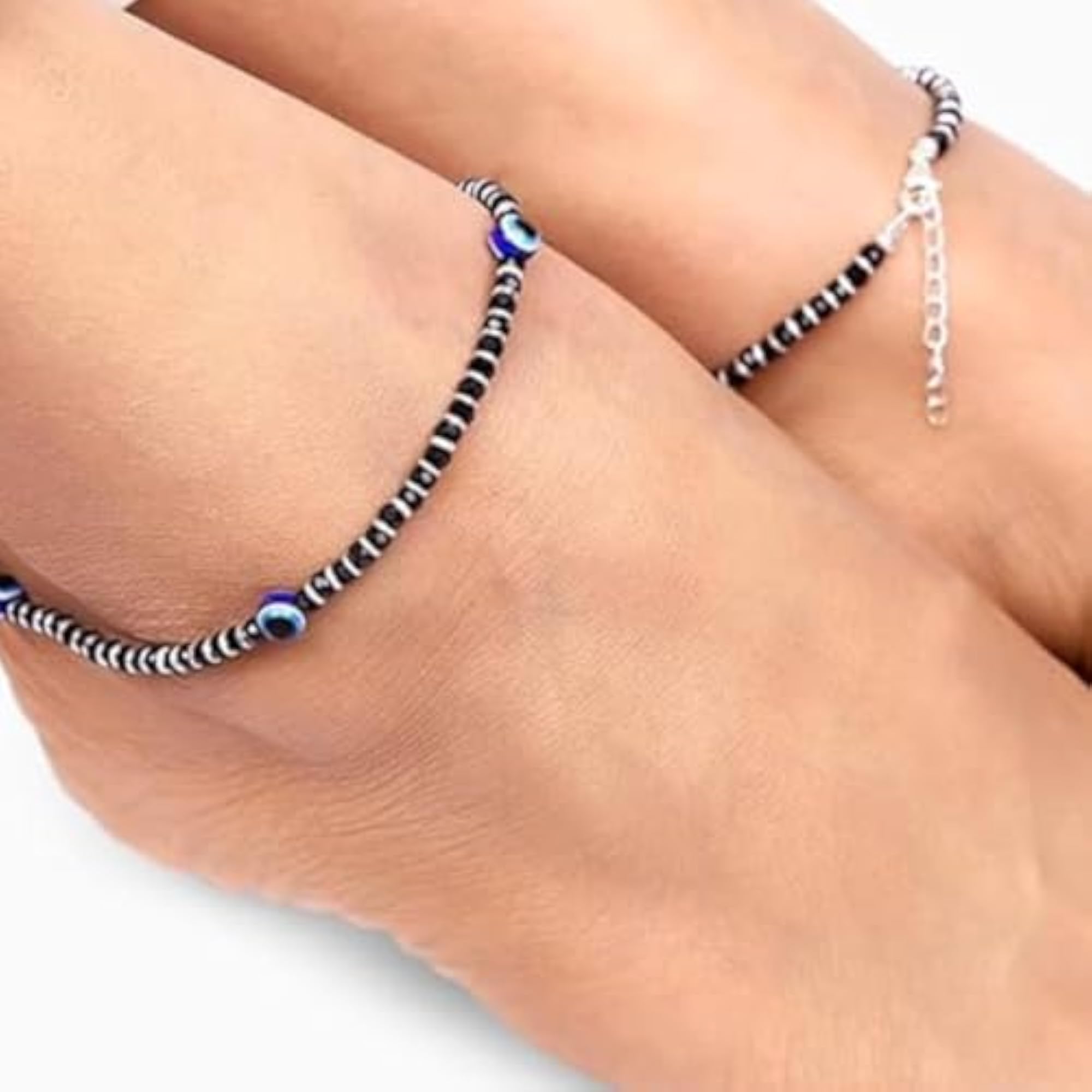 Women's Sterling Silver Anklet with Black Crystal Evil Eye