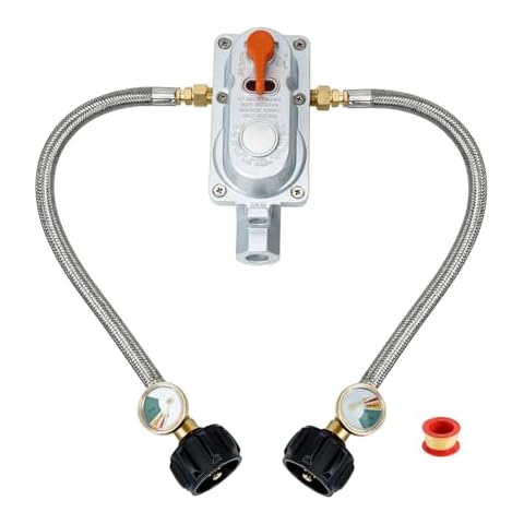 Skyflame 2-Stage Auto Changeover Propane Gas Rv Regulator Kit with 2PCS Gauges and 12-Inch Braided Connection Hoses for Dual Propane Tank RV Trailers Camper Cover