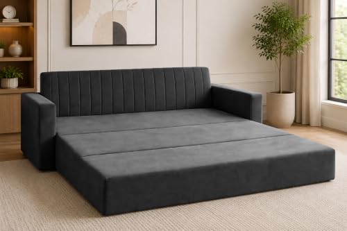 Image of 3-Seater Velvet Sofa Cum Bed with Armrests | Modern Convertible Sleeper Couch | Stylish Sofa Bed for Living Room, Bedroom & Office | Black
