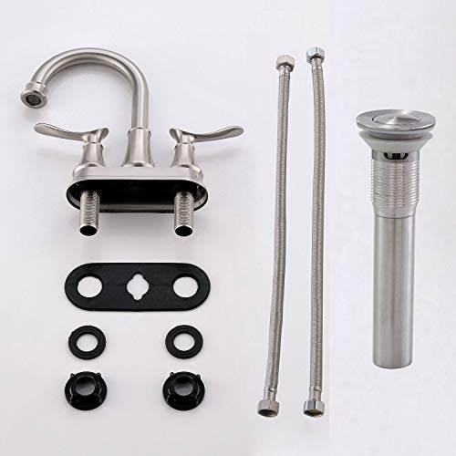 Kingo Home Modern Brushed Nickel 2-Handle Bathroom Faucet, 4 Inch Centerset Rv Bathroom Sink Faucet Lavatory Bath Sink Vanity Faucet With Water Supply Lines And Pop Up Drain #TOP5