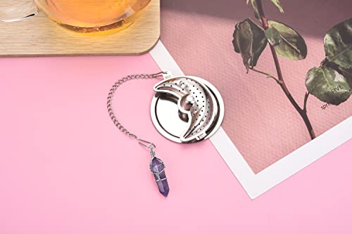 Tidorlou 4Pcs Tea Infuser, Tea Strainer Tea Diffuser For Loose Tea, Amethyst Natural Crystal Moon Pendant Tea Ball Tea Filter With Chain Hook Drip Trays (4 Pcs Hexagonal Column) #TOP4