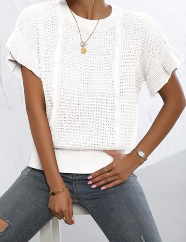 Image of Womens Short Sleeve Sweaters Ruffle Crewneck Pullover Sweater 2025 Casual Lightweight Summer Tops