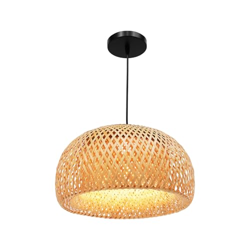 14.96 inch Natural Bamboo Pendant Light &ndash; Handmade Woven Rustic Chandelier &ndash; Boho Wicker Basket...
