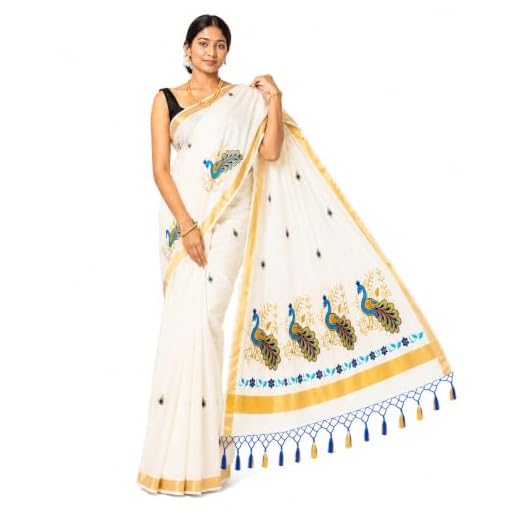 JAYAPRAKASH TEX Kerala Kasavu Saree for Women | Peacock Embroidery Design | Traditional Onam Cotton Saree with Running Blouse Piece | Saree 5.5m & Blouse 0.8m