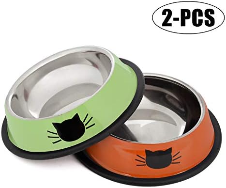 Legendog 2Pcs Cat Bowl Pet Bowl Stainless Steel Cat Food Water Bowl with Non-Slip Rubber Base Small Pet Bowl Cat Feeding Bowls Set
