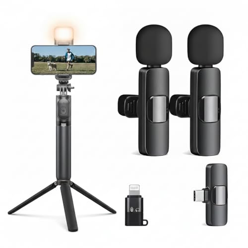 Image of Selfie Stick Tripod Stand 3 in 1 Multifunction Design Rechargeable LED Light Dual Brightness Makeup Photo Shoot K9 Dual Wireless Lavalier Microphone for Vlogs Reels YouTube Interview (K9+R1L)