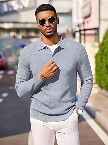 Image of TYSORT Men's Knitted Polo Sweater Casual Full Sleeve Pullover Sweater with Button Collar