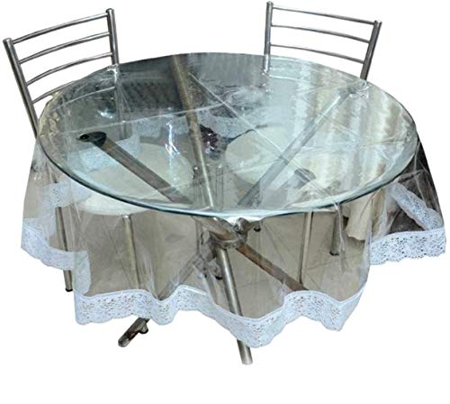 Kartikey PVC Waterproof 8 Seater Round Dining Table Cover Cloth Transparent with White Border Lace 90″ Round