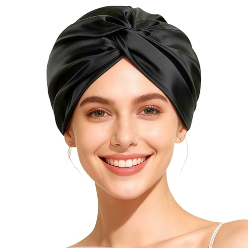Bodiiwuliu Bonnet De Sommeil en 100% Soie de Mûrier, 22 Momme – Double Couche Bonnet de Nuit en Soie pour Femme Cheveux Longs ou bouclés, Confortable et Doux, pour Tous Types de Cheveux(Noir)