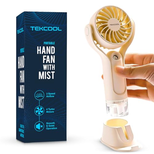 Image of TEKCOOL Mini Handheld Fan, Brushless Motor Portable Hand Fan with Lanyard, 3 Speeds Small Fan, USB Fan Rechargeable for Indoor and Outdoor Use by Women and Men, Table Fan Base Included (Mist White)