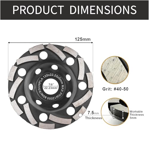 Diamond Cup Wheel 125 mm x 22.23 mm Concrete Grinder - Diamond Disc for Concrete Natural Stone Granite Masonry Stone Screed Dry Tile Adhesive (Bevel Tooth)