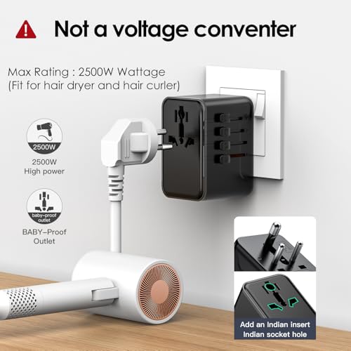 Image of JMFONE Universal Travel Adapter with Type D Plug(India & Most Africa), International Power Adapter, 30W 3X USB-C & 2X USB-A Ports & 2500W AC Outlet, Travel Charger for Europe US UK AUS 200+ Countries
