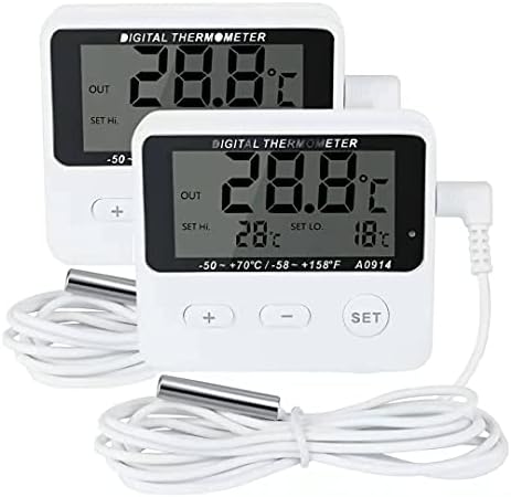 Refrigerator Thermometer 2 Pack,Freezer Thermometer,high and Low Temperature Alarm,Extra Sensor (2)