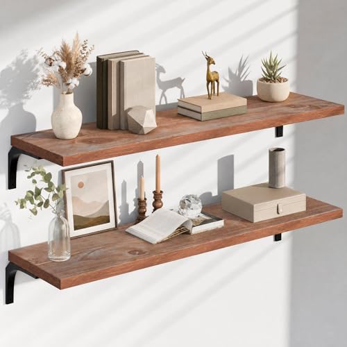 Image of 12 Inch Deep Floating Shelves Set of 2, 48 Inch Extra Wide Solid Pine Wood Wall Shelves, 100 lbs Heavy Duty Farmhouse Wall Mount Bookshelf for Living Room, Kitchen & Bedroom, Brown